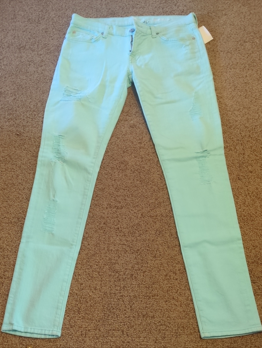 7 For All Mankind Mint Green Skinny Jeans with Distressed Detail